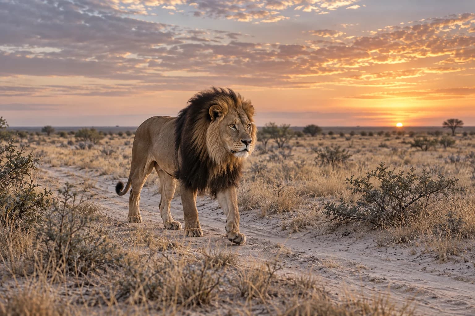 AI-generated illustration: A black-maned Kalahari lion walking on a pale sandy track through sparse golden grass and low scrub in Botswana's Central Kalahari, immense open sky at dawn.