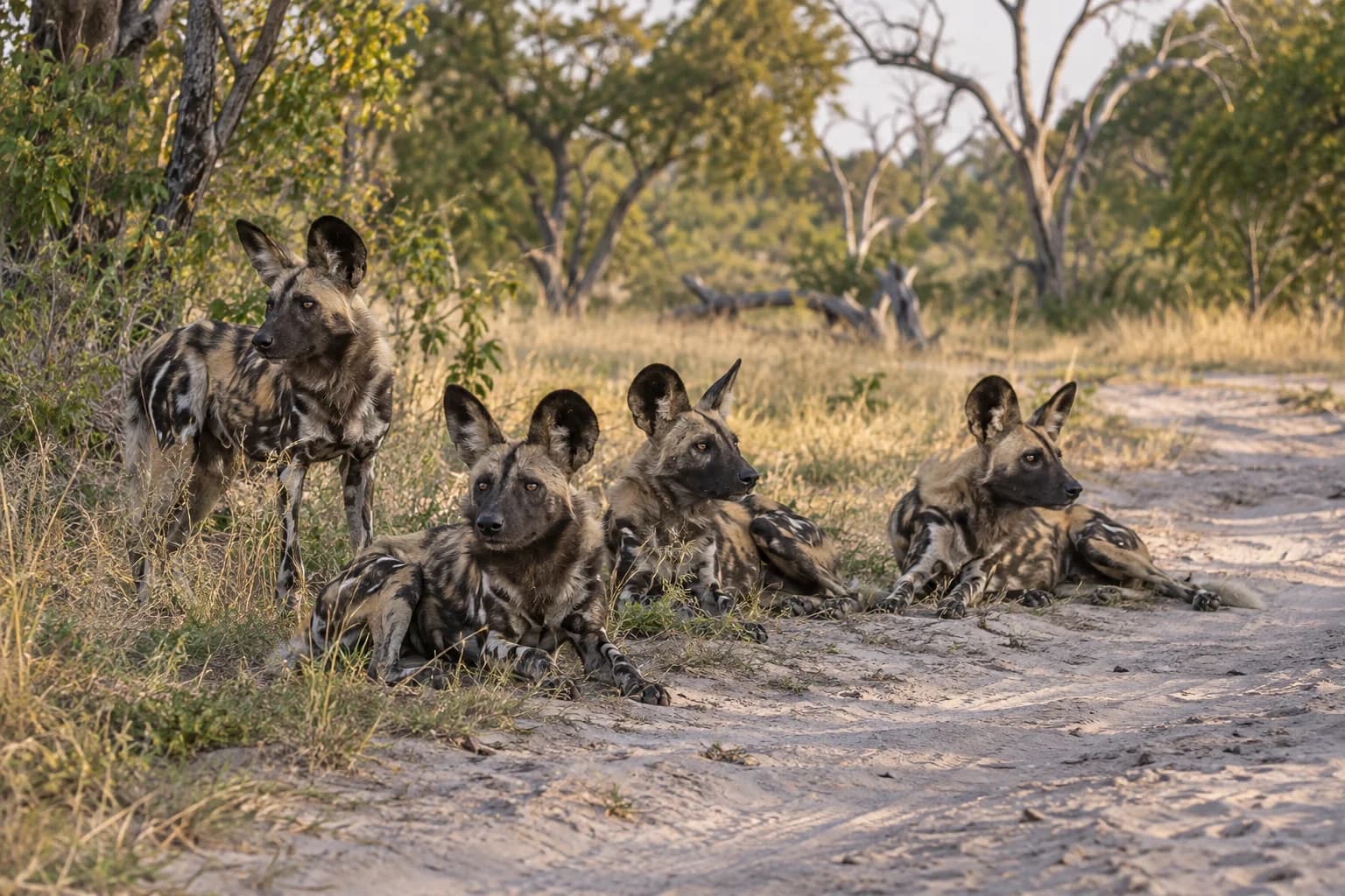 AI-generated illustration: A small pack of African wild dogs resting beside a sandy track in Chitabe Botswana, mosaic of light woodland and grassland, alert ears and realistic mottled coats.