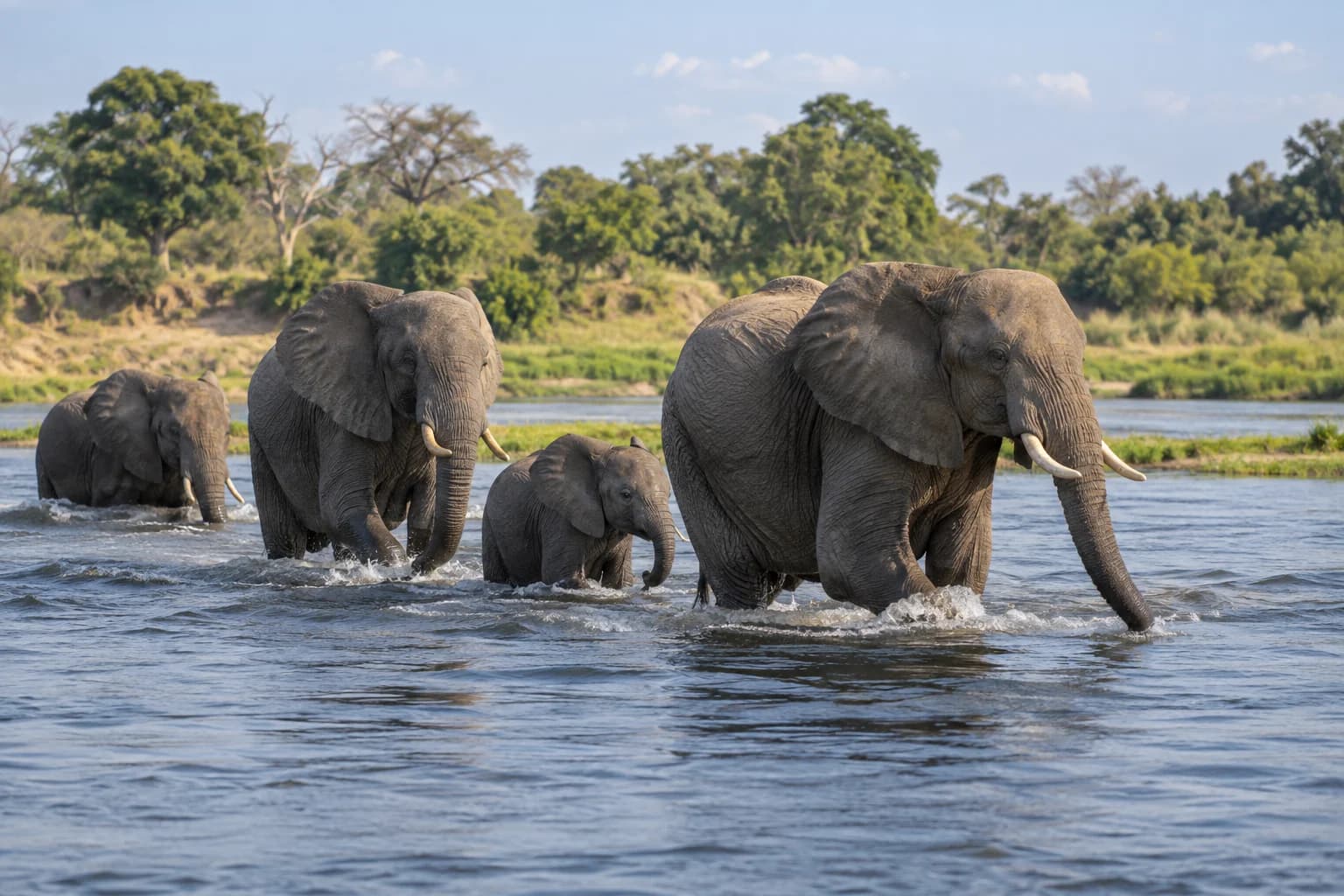 AI-generated illustration: African elephants crossing the Chobe River Botswana, small calf close to adults, water splashing softly, lush riverbank behind, natural daytime colours.