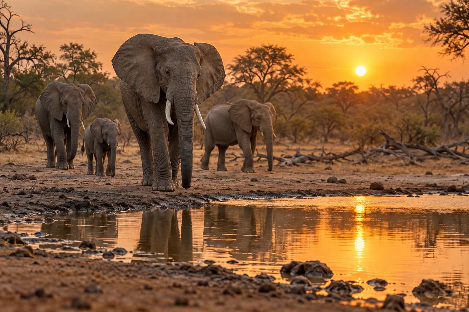 AI-generated illustration: Several African elephants approaching a quiet Hwange Zimbabwe waterhole, dusty open ground and dry woodland beyond, amber sunset reflections.