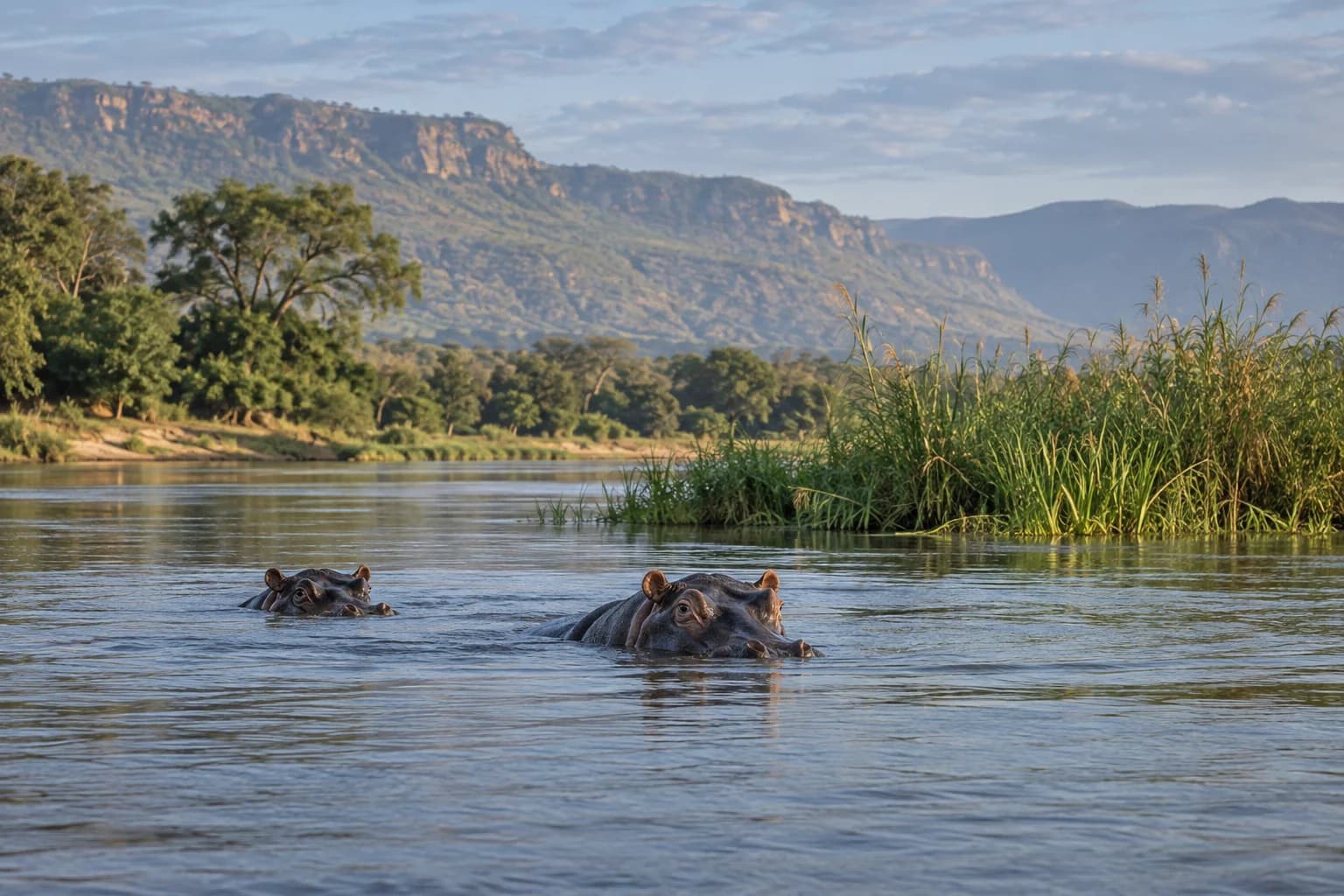 AI-generated illustration: A canoe-free view across the Lower Zambezi Zambia, two hippos surfacing near a reedy island, wooded escarpment rising in distance, silver-blue morning light.