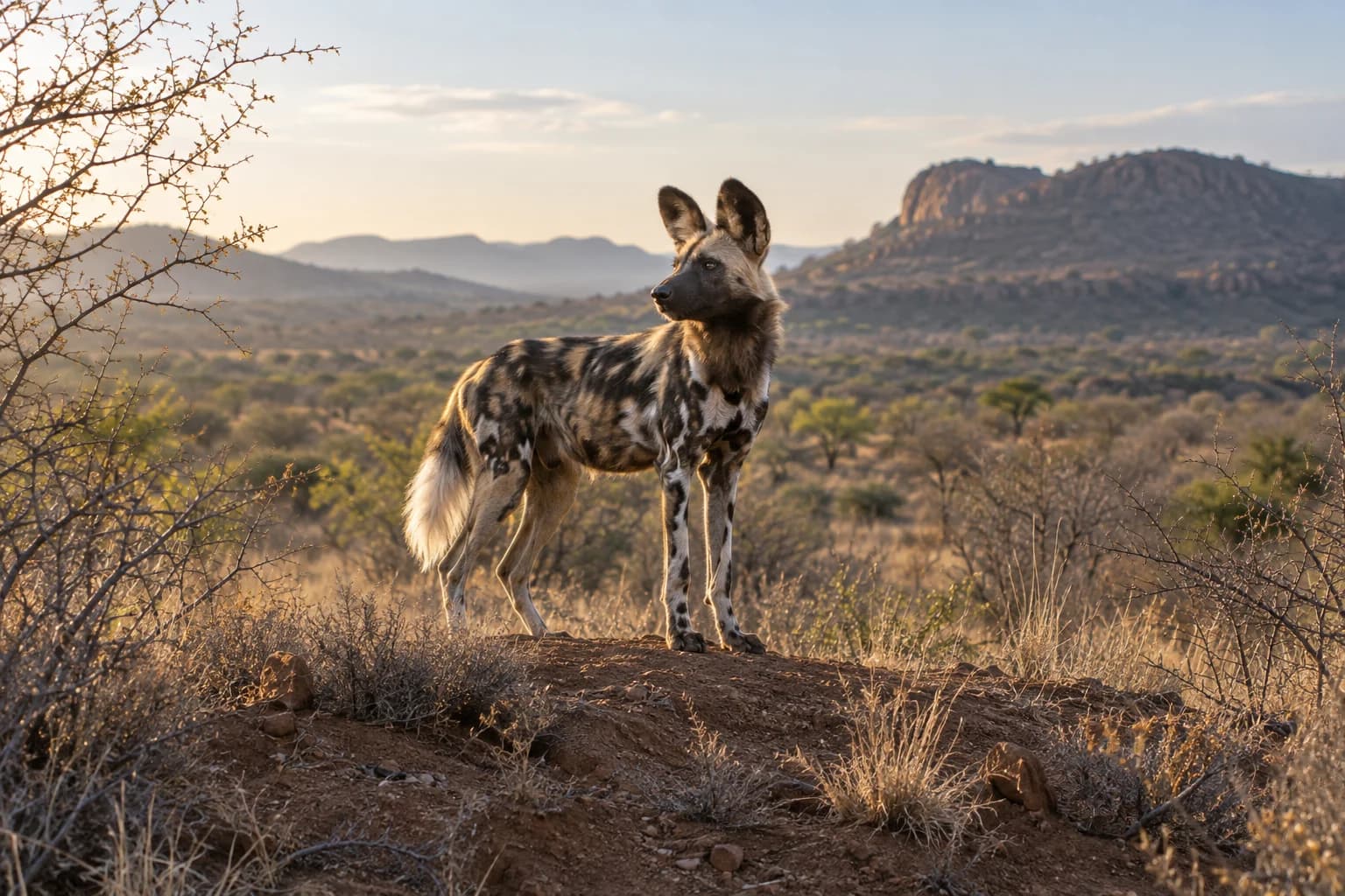 AI-generated illustration: An African wild dog standing on a low earthen rise in Madikwe South Africa, dry thornveld and distant rocky hills, rim-lit morning fur, full animal.