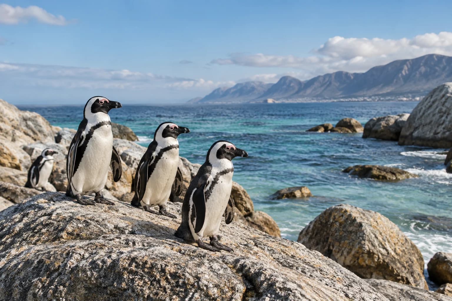 AI-generated illustration: African penguins on granite boulders beside clear turquoise sea on South Africa's Cape coast, restrained coastal palette and natural daylight.