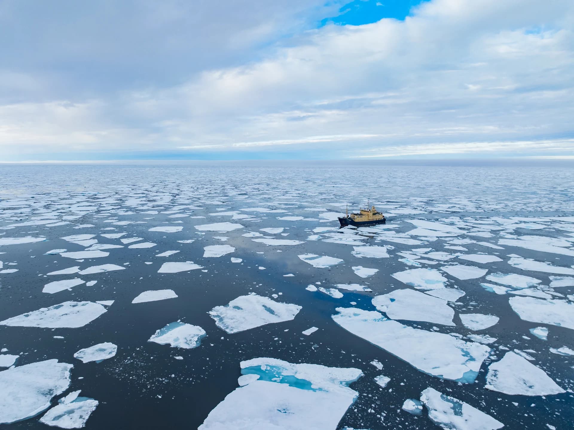 Aerial view of broken sea ice in Svalbard